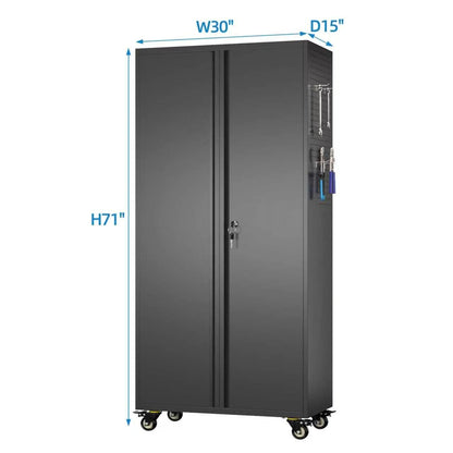 71 Inch Garage Storage Cabinet with Drawer (Black / 15"D x 30"W x 71"H)