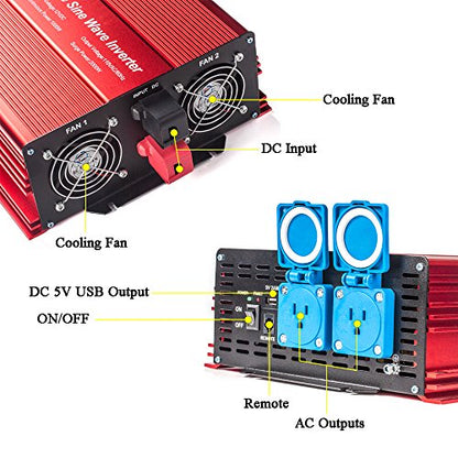 2000W Pure Sine Wave Inverter 12V to 120V AC with 2 AC outlets (2000W)