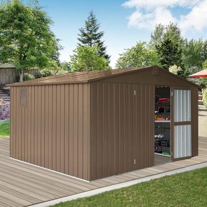 Large Galvanized Steel Storage Shed 11' x 9' with Windows & Lockable Door (Brown04 / 11×9)