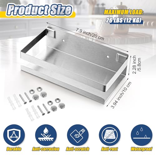 2 Pieces Stainless Steel Shelf Bathroom Shower Floating Shelves Wall Mounted Shower Caddy Basket Shelf Storage Organizer Shelves for Bathroom (7.87 Inches/ 20 cm / Silver)