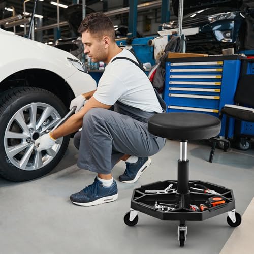 Rolling Mechanic Stool with Removable Tool Tray & Padded Cushion (Bottom Tool Tray / Black)