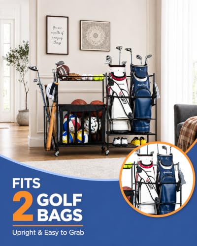 Rolling Ball Storage Rack and Sports Equipment Organizer (Black, 56.2"Lx15.4"Wx37.2"H)
