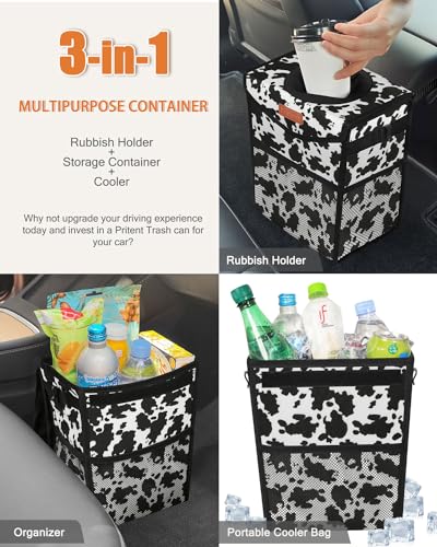 Car Trash Can with Lid Leakproof Car Garbage Bag Vehicle Trash Bin (2.8 Gallons / Cow Print)