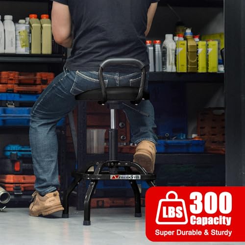 Garage Stool Adjustable Height Swivel Work Mechanic Shop Stool with Backrest (Black)