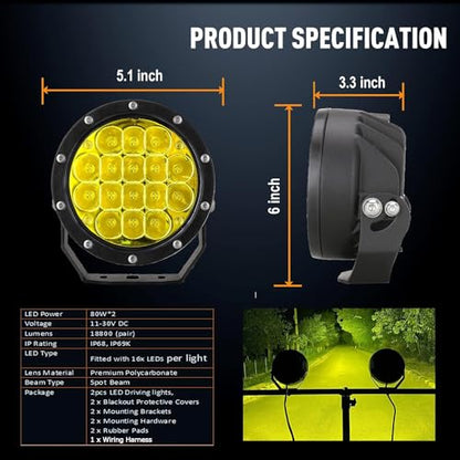 5Inch Round Offroad Lights LED Amber Fog Lights Driving Light Bar (Amber Driving Lights / 5Inch)