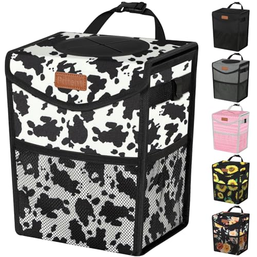 Car Trash Can with Lid Leakproof Car Garbage Bag Vehicle Trash Bin (2 Gallons / Cow Print)