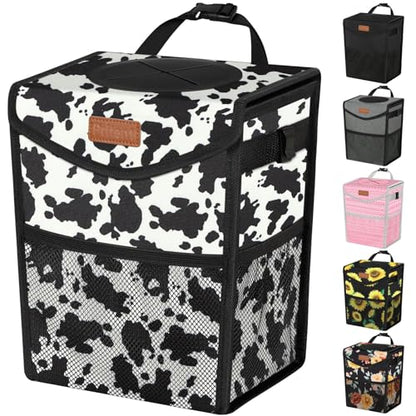 Car Trash Can with Lid Leakproof Car Garbage Bag Vehicle Trash Bin (2 Gallons / Cow Print)
