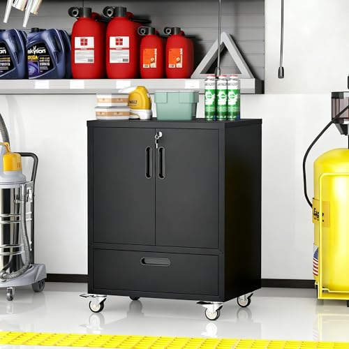 Metal Storage Cabinet for Garage (Black / M - 2 Doors & Drawer (Wheeled))