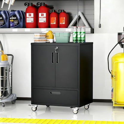Metal Storage Cabinet for Garage (Black / M - 2 Doors & Drawer (Wheeled))