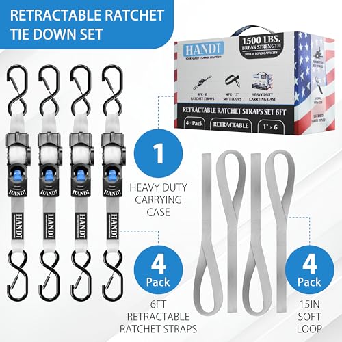 USA Based Retractable Ratchet Straps (1in x 6ft - 4 Pack / Gray)