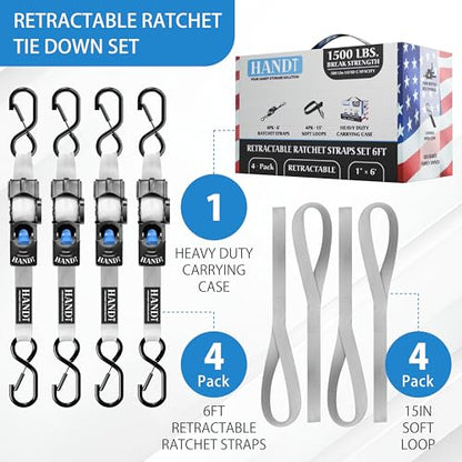 USA Based Retractable Ratchet Straps (1in x 6ft - 4 Pack / Gray)