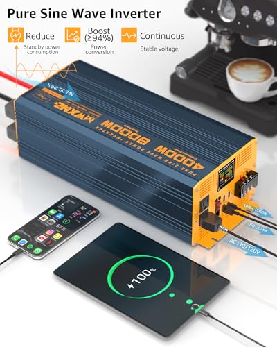 4000W Pure Sine Wave Power Inverter DC 24V to AC 110V 120V for Home RV with Dual AC Outlets 1 USB (4000W- 24V)