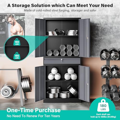 Metal Storage Cabinet with Doors and Shelves (71"H x 31.5"W x 16"D / Black Gray)