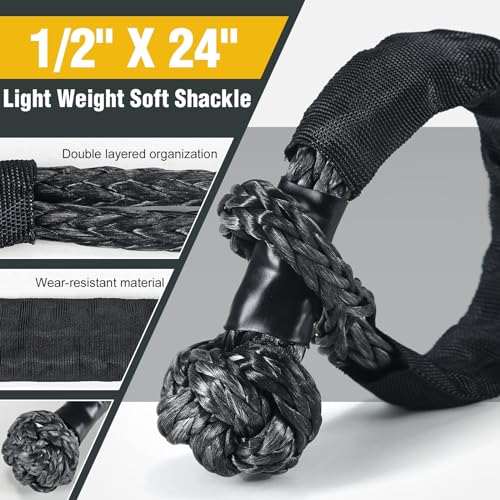 1" x30ft Kinetic Recovery Rope 46.5K lbs with 2 Soft Shackles Black (Black / 1"×30ft + 2 Soft Shackles)