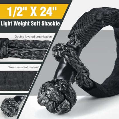 1" x30ft Kinetic Recovery Rope 46.5K lbs with 2 Soft Shackles Black (Black / 1"×30ft + 2 Soft Shackles)