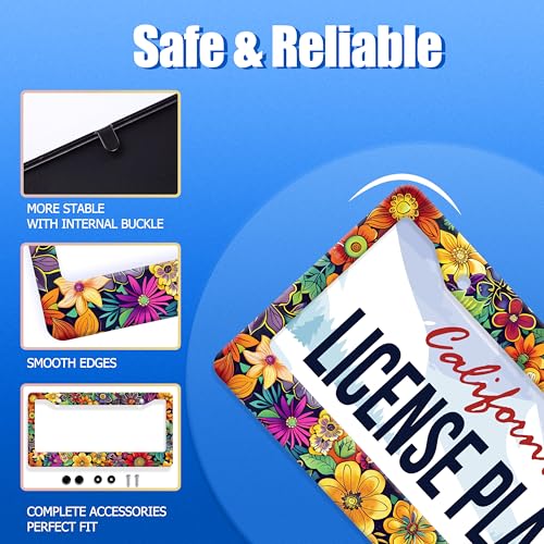 Bright Flowers License Plate Frame Stainless Steel Accessory12.3 x 6.3" (Bright Flowers Colorful Floral)