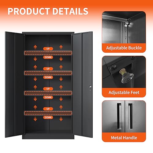 Metal Storage Cabinet for Garage (Black / XL - 2 Doors & 5 Shelves (Wheelless))