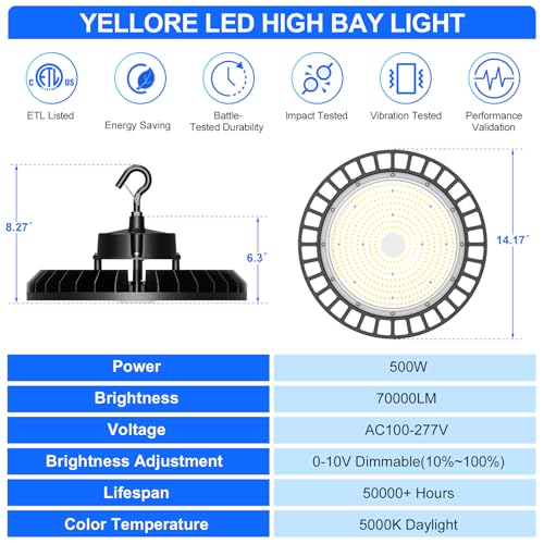 10 Pack 500W LED High Bay Light 70000LM ETL Listed Industrial Grade UFO Light Dimmable IP65 Waterproof 5000K Commercial Bay Lighting for Warehouse Garage Factory 110V 120V (Black)