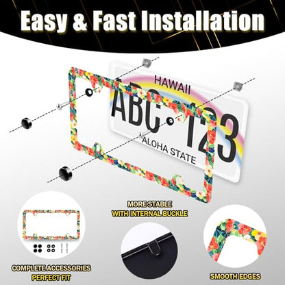 Pink Yellow Hibiscus License Plate Frame Hawaii License Holder with 4 Holes (Pink Yellow Hibiscus Floral)