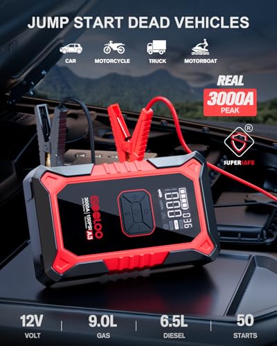 A3 12V 3000A Portable Jump Starter with Air Compressor (Red)