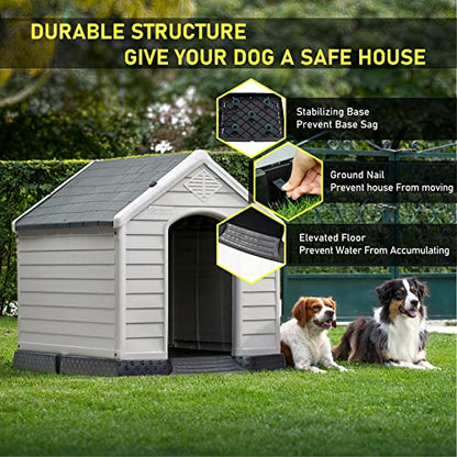 Durable Waterproof Plastic Dog House for Small to Large Sized Dogs (Gray / 34"L x 31"W x 32"H)