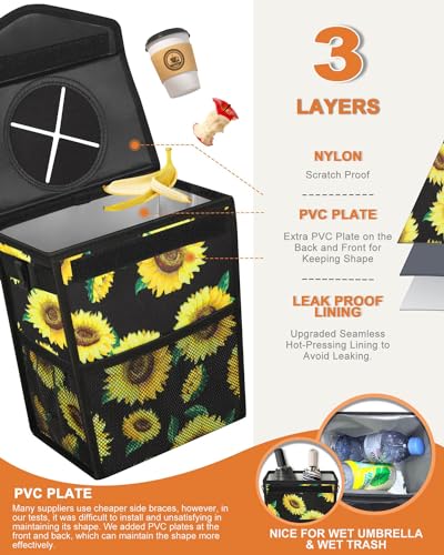 Car Trash Can with Lid Leakproof Car Garbage Bag Vehicle Trash Bin (2.8 Gallons / Sunflower)