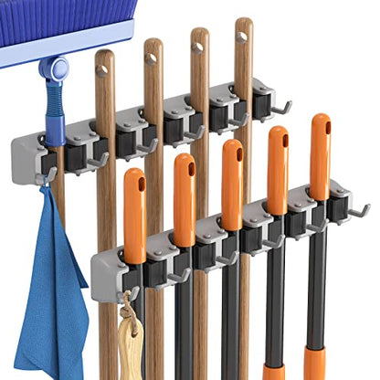 Mop and Broom Holder Organizer Wall Hanging Mount (Gray)