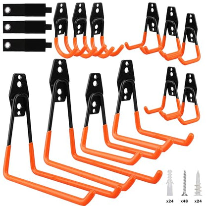 15 Piece Garage Wall Hooks with 3 Extension Straps (15-Pack Hooks + 3 Straps（orange）)