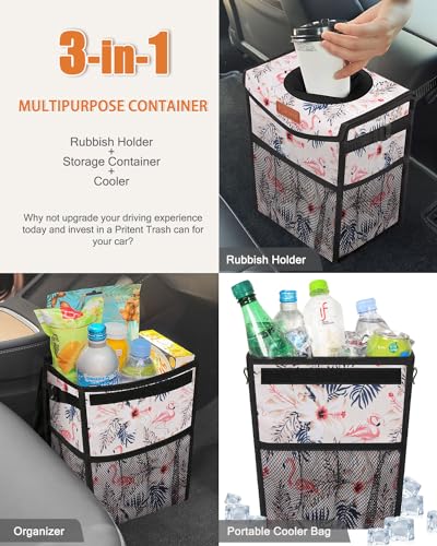 Car Trash Can with Lid Leakproof Car Garbage Bag Vehicle Trash Bin (2 Gallons / Flamingo Print)