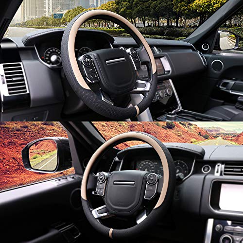 Breathable Car Steering Wheel Cover 16 inch Auto Universal Leather Wrap Non (A-Beige / L (15.5"-16"))
