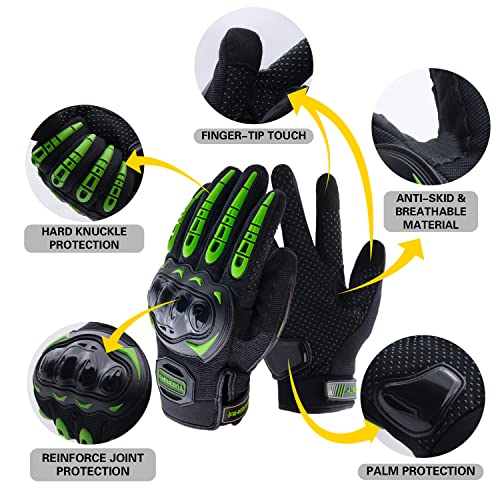 Motorcycle Gloves Touch Screen Full Finger Riding Gloves Knuckle Protection for Men and Women for Dirt Riding (Green / XX-Large)