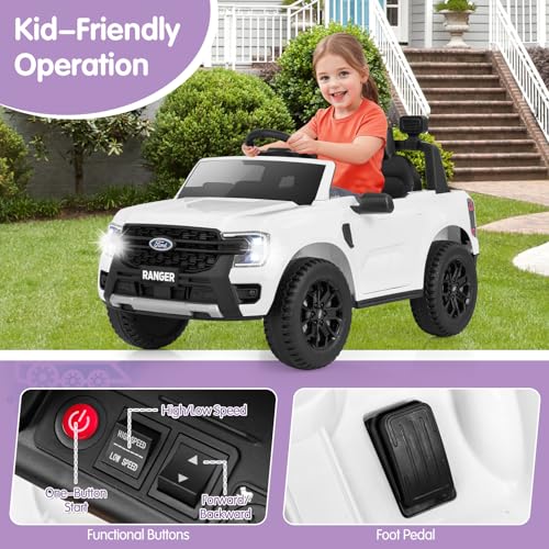 Ride On Car 12V Licensed Ford Ranger Electric Vehicle for Kids (White / 41.5” x 25” x 24”)