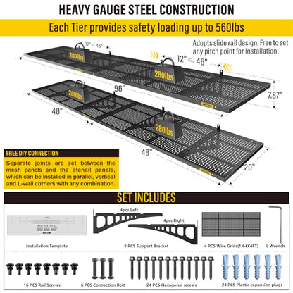 4 Pack 1.64x4ft Adjustable Garage Wall Shelving 1120lbs Load Capacity Heavy Duty Wall Mounted Storage Shelf Metal Floating Shelves for Garage (4pack-1.64x4ft / Black)