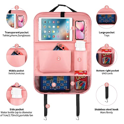 Car Backseat Organizer with Foldable Tablet Holder (Pink-3 / 2 Pack with Food Tray)