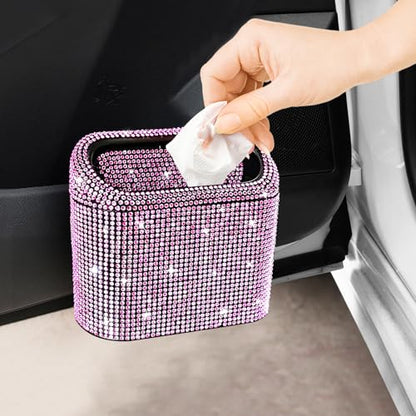 Car Trash Can with Lid (Black/Pink Rhinestone)