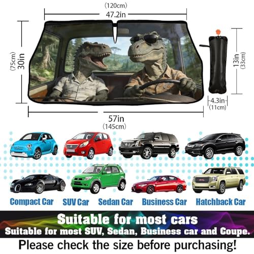 Dinosaur Car Windshield Sun Shade Umbrella Bendable Handle Foldable Funny Dinosaur Animal Driving Sunshade for Car Windshield Block UV Rays Keep Vehicle Cool for Most Sedans SUV Trucks 57"x30" (147*75cm,33*11cm / Dinosaur)