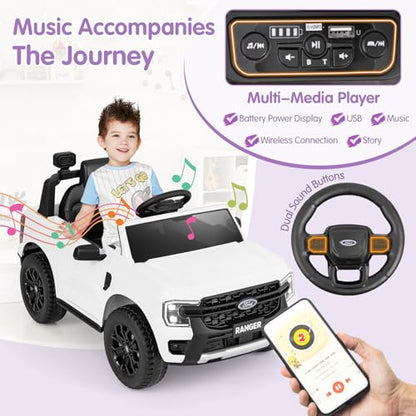Ride On Car 12V Licensed Ford Ranger Electric Vehicle for Kids (White / 41.5” x 25” x 24”)