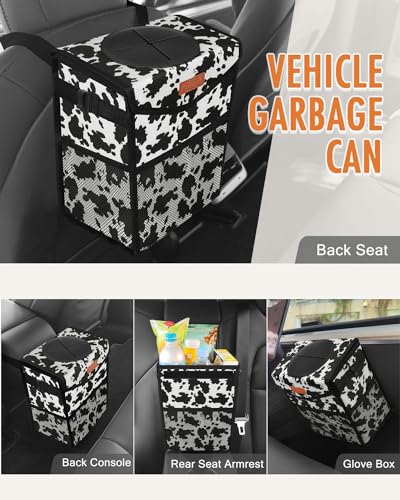 Car Trash Can with Lid Leakproof Car Garbage Bag Vehicle Trash Bin (2.8 Gallons / Cow Print)