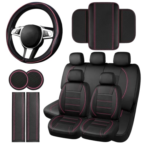 14 PCS Leather Car Seat Covers Full Set (Steering Wheel Cover Set / Black & pink)