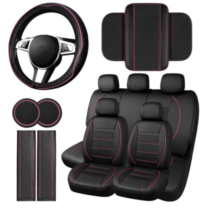 14 PCS Leather Car Seat Covers Full Set (Steering Wheel Cover Set / Black & pink)