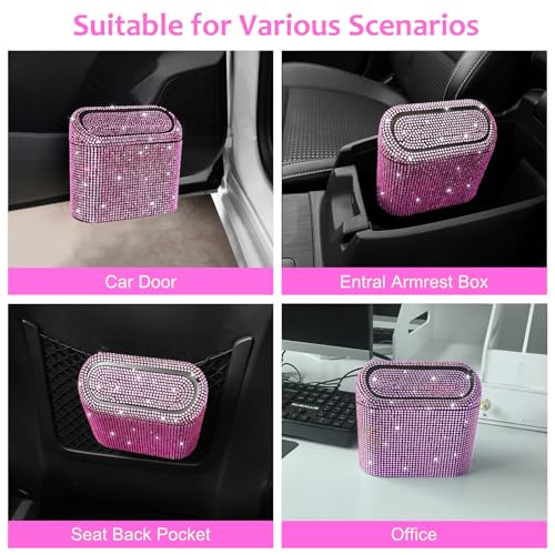 Car Trash Can with Lid (Black/Pink Rhinestone)