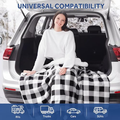 12 Volt Electric Portable Heated Car Blanket (Black Plaid)
