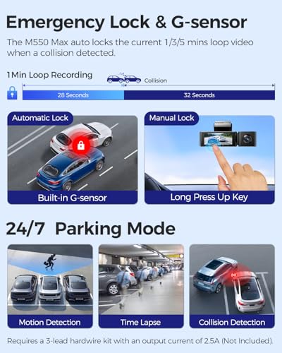 M550 Max 4K 3 Channel Dash Cam Front and Rear Inside (Black)