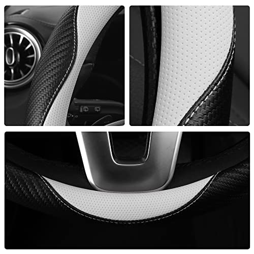 Car Steering Wheel Covers for Women Girl Padded Carbon Fiber PU Leather Cute Cartoon Auto Interior Accessories for Jeep (White+Black / Large Size[15.2-16"](38.6-40.5cm))