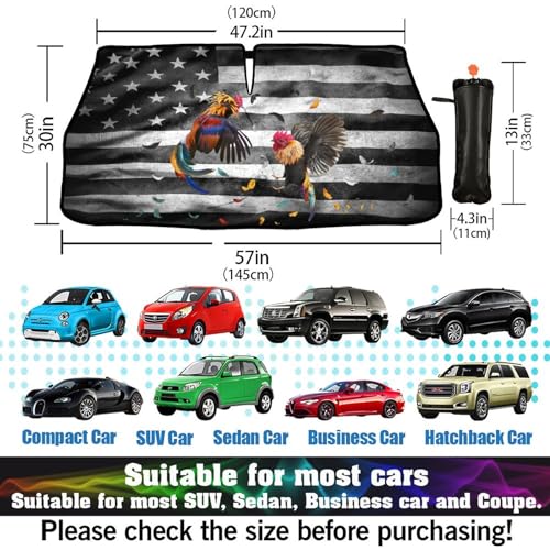 Rooster Windshield Sun Shade Car Sun Shade Amiercan Flag Windshield Umbrella Foldable Front Car Umbrella Funny Chicken Sun Shade Cover Sun Visor Protector Sunshade Car Accessories 57"x30" (NewStyle-Rooster / Expanded: 147 × 75 cm, Folded: 33 × 11 cm)