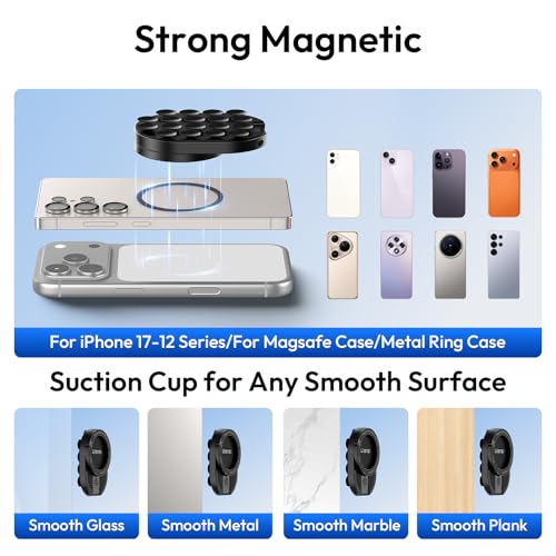 MA39 3-in-1 Suction Magnetic Phone Holder for MagSafe, 360° Rotatable Phone Tripod Mount with Carabiner Clip, Compatible with for iPhone 17-12, Ideal for Car Dashboard, Gym, Kitchen, Office (Black)