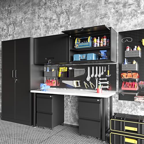 Metal Wall Storage Cabinet Adjustable Shelf 22'' Tall Steel Garage Wall Mounted Cabinet Lockable Floating Garage Storage Shop Trailer Tool Assembly Required (Black / 22" Tall)