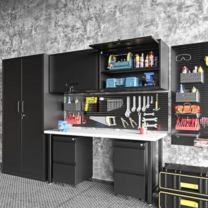 Metal Wall Storage Cabinet Adjustable Shelf 22'' Tall Steel Garage Wall Mounted Cabinet Lockable Floating Garage Storage Shop Trailer Tool Assembly Required (Black / 22" Tall)