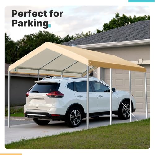 Carport Replacement Canopy Cover for Car Tent Top Garage Shelter Cover Tarp with Ball Bungees (Beige / 10' x 20')