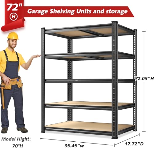 72.05" H Storage Shelves Load 2300Lbs for Garage Basement Pantry (35.45" W x 17.72" D x 72.05" H / Black)